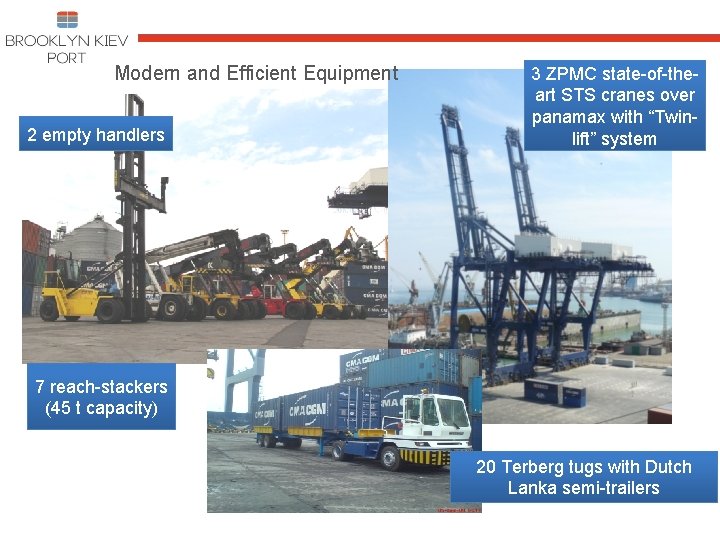 Modern and Efficient Equipment 2 empty handlers 3 ZPMC state-of-theart STS cranes over panamax