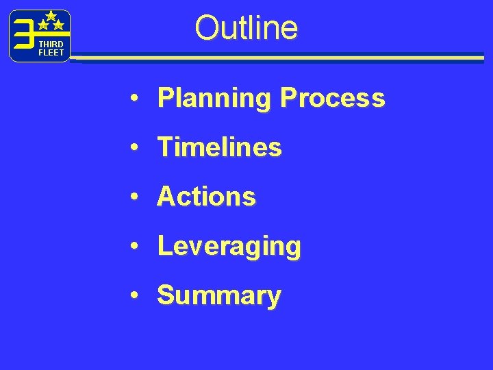 THIRD FLEET Outline • Planning Process • Timelines • Actions • Leveraging • Summary