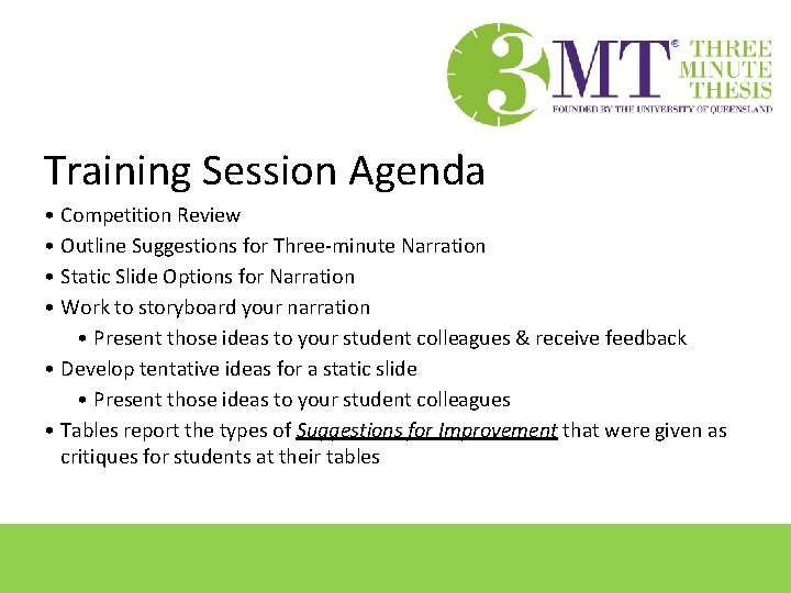 Training Session Agenda • Competition Review • Outline Suggestions for Three-minute Narration • Static