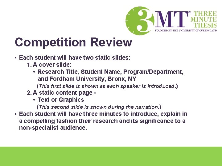 Competition Review • Each student will have two static slides: 1. A cover slide: