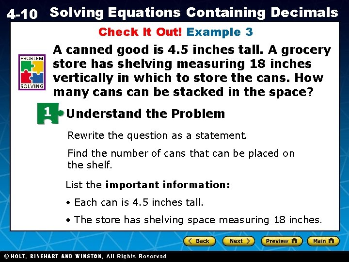 4 -10 Solving Equations Containing Decimals Check It Out! Example 3 A canned good