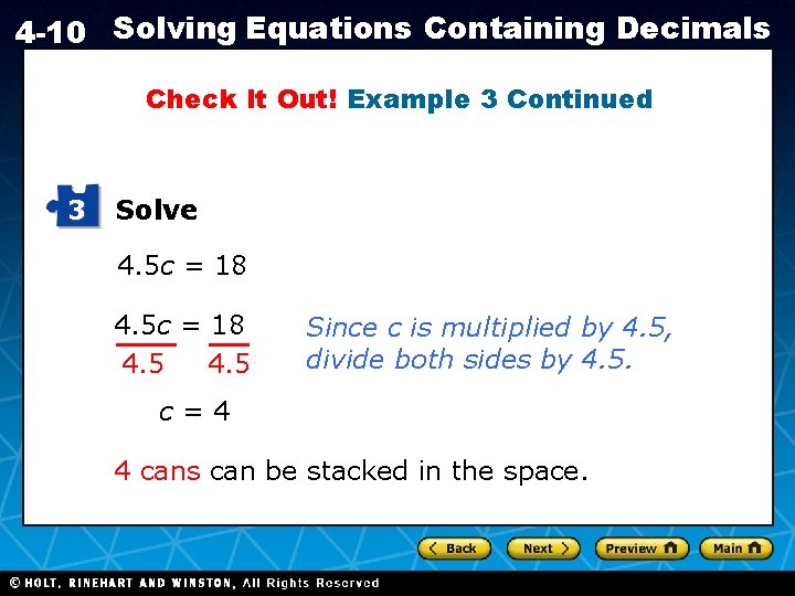 4 -10 Solving Equations Containing Decimals Check It Out! Example 3 Continued 3 Solve