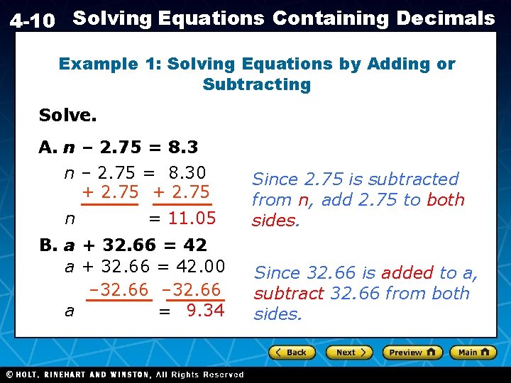 4 -10 Solving Equations Containing Decimals Example 1: Solving Equations by Adding or Subtracting