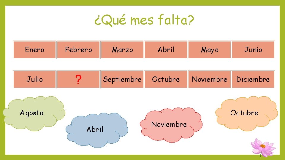 ¿Qué mes falta? Enero Febrero Marzo Abril Mayo Junio Julio ? Septiembre Octubre Noviembre ¿Qué mes falta? Enero Febrero Marzo Abril Mayo Junio Julio ? Septiembre Octubre Noviembre