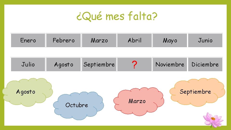 ¿Qué mes falta? Enero Febrero Marzo Abril Mayo Junio Julio Agosto Septiembre ? Noviembre ¿Qué mes falta? Enero Febrero Marzo Abril Mayo Junio Julio Agosto Septiembre ? Noviembre