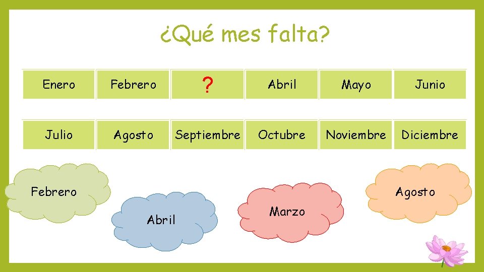 ¿Qué mes falta? Enero Febrero ? Abril Mayo Junio Julio Agosto Septiembre Octubre Noviembre ¿Qué mes falta? Enero Febrero ? Abril Mayo Junio Julio Agosto Septiembre Octubre Noviembre