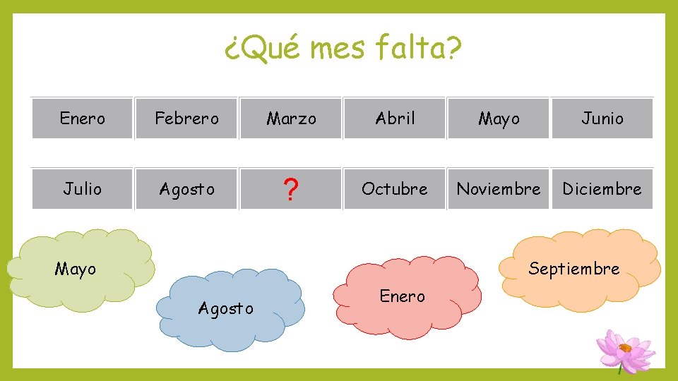 ¿Qué mes falta? Enero Febrero Marzo Abril Mayo Junio Julio Agosto ? Octubre Noviembre ¿Qué mes falta? Enero Febrero Marzo Abril Mayo Junio Julio Agosto ? Octubre Noviembre
