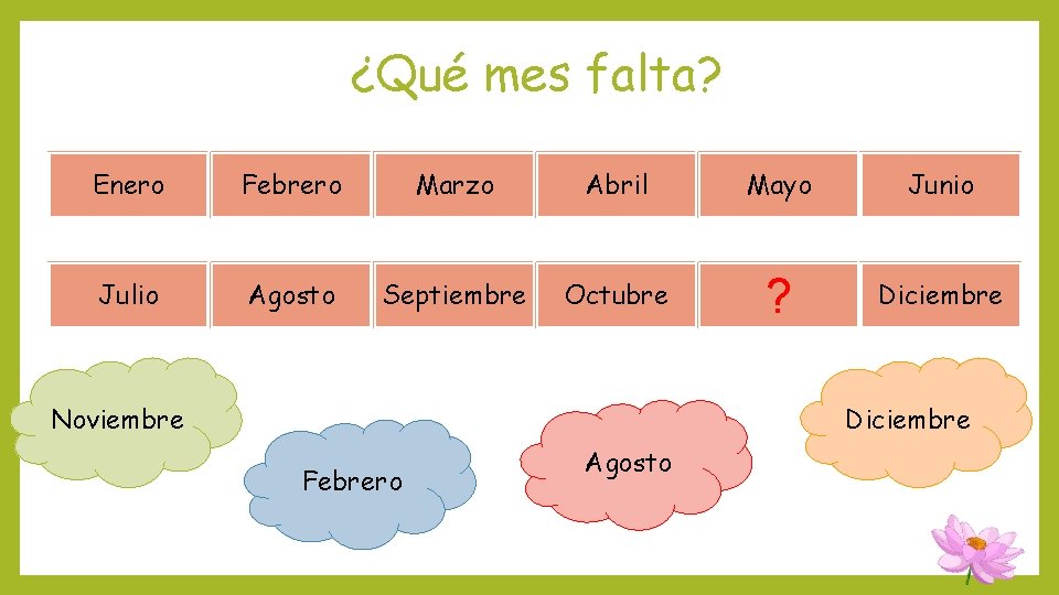 ¿Qué mes falta? Enero Febrero Marzo Abril Mayo Junio Julio Agosto Septiembre Octubre ? ¿Qué mes falta? Enero Febrero Marzo Abril Mayo Junio Julio Agosto Septiembre Octubre ?