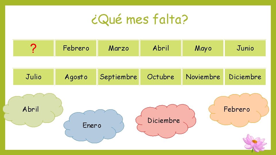¿Qué mes falta? ? Febrero Marzo Abril Mayo Junio Julio Agosto Septiembre Octubre Noviembre ¿Qué mes falta? ? Febrero Marzo Abril Mayo Junio Julio Agosto Septiembre Octubre Noviembre