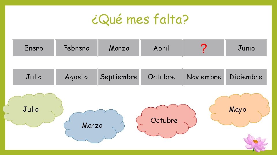 ¿Qué mes falta? Enero Febrero Marzo Abril ? Junio Julio Agosto Septiembre Octubre Noviembre ¿Qué mes falta? Enero Febrero Marzo Abril ? Junio Julio Agosto Septiembre Octubre Noviembre