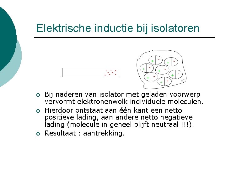 Elektrische inductie bij isolatoren ¡ ¡ ¡ Bij naderen van isolator met geladen voorwerp