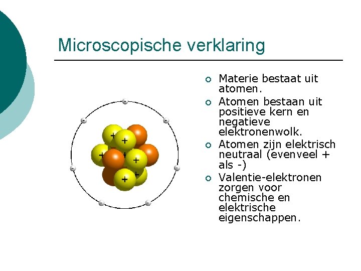 Microscopische verklaring ¡ ¡ Materie bestaat uit atomen. Atomen bestaan uit positieve kern en