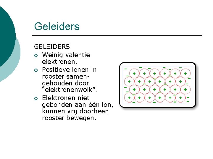 Geleiders GELEIDERS ¡ Weinig valentieelektronen. ¡ Positieve ionen in rooster samengehouden door “elektronenwolk”. ¡