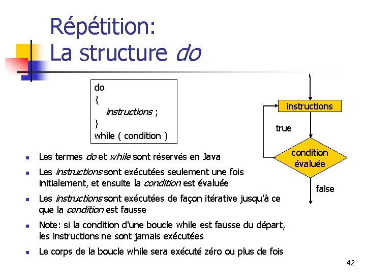 Répétition: La structure do do { instructions ; } while ( condition ) n