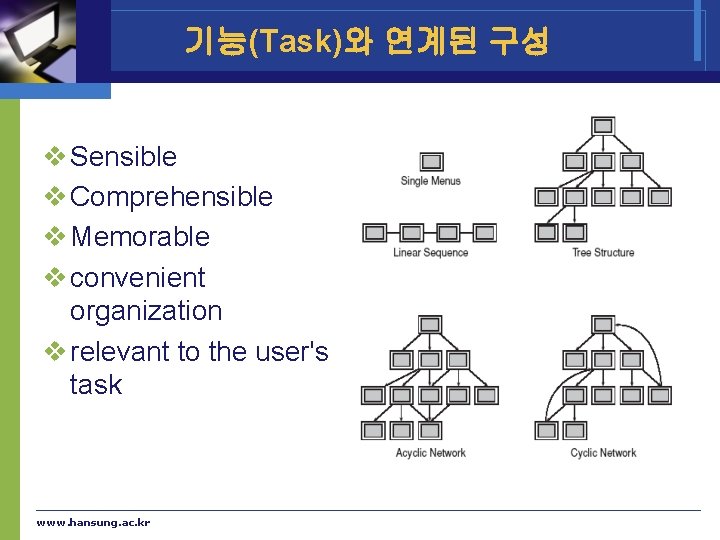 기능(Task)와 연계된 구성 v Sensible v Comprehensible v Memorable v convenient organization v relevant