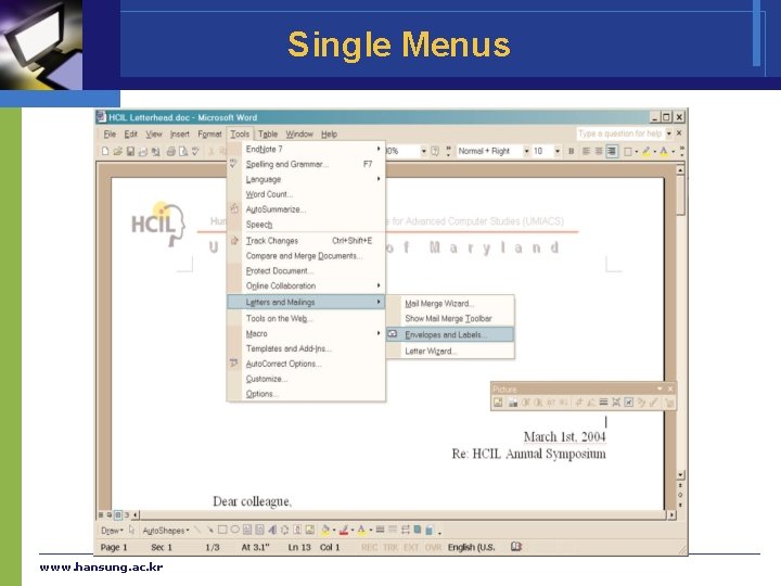 Single Menus www. hansung. ac. kr 