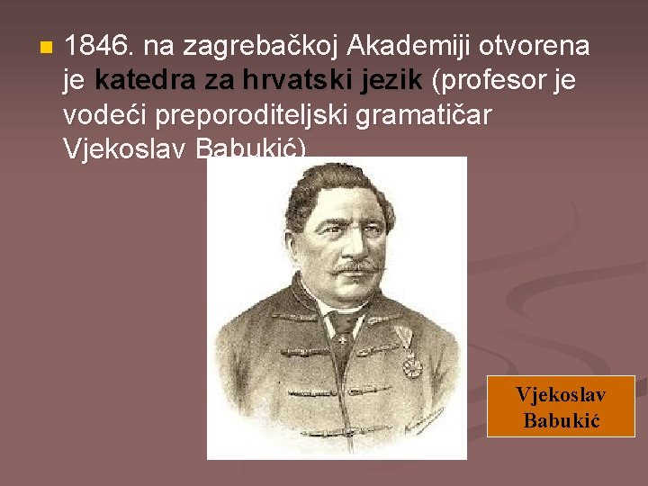 n 1846. na zagrebačkoj Akademiji otvorena je katedra za hrvatski jezik (profesor je vodeći