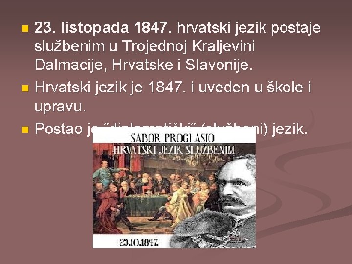 23. listopada 1847. hrvatski jezik postaje službenim u Trojednoj Kraljevini Dalmacije, Hrvatske i Slavonije.