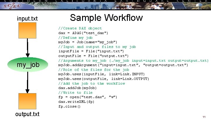 input. txt my_job output. txt Sample Workflow //Create DAX object dax = ADAG("test_dax") //Define