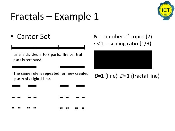 Fractals – Example 1 • Cantor Set N – number of copies(2) r <