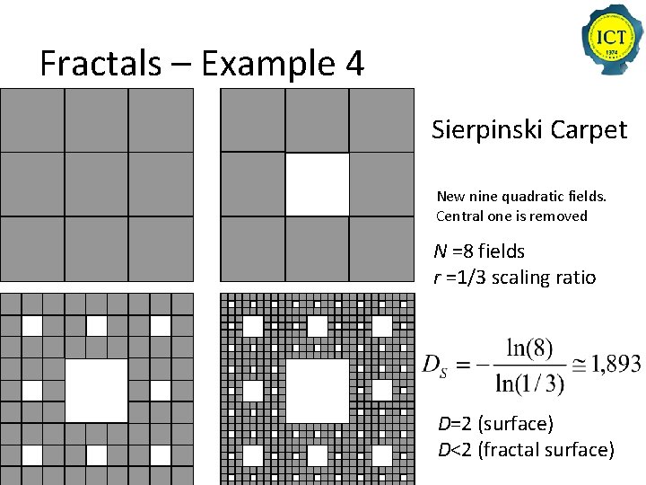 Fractals – Example 4 Sierpinski Carpet New nine quadratic fields. Central one is removed