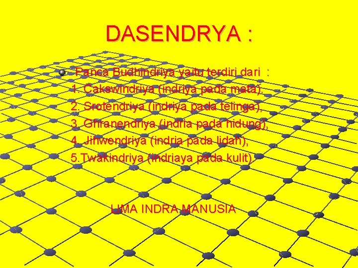 DASENDRYA : Panca Budhindriya yaitu terdiri dari : 1. Cakswindriya (indriya pada mata). 2.