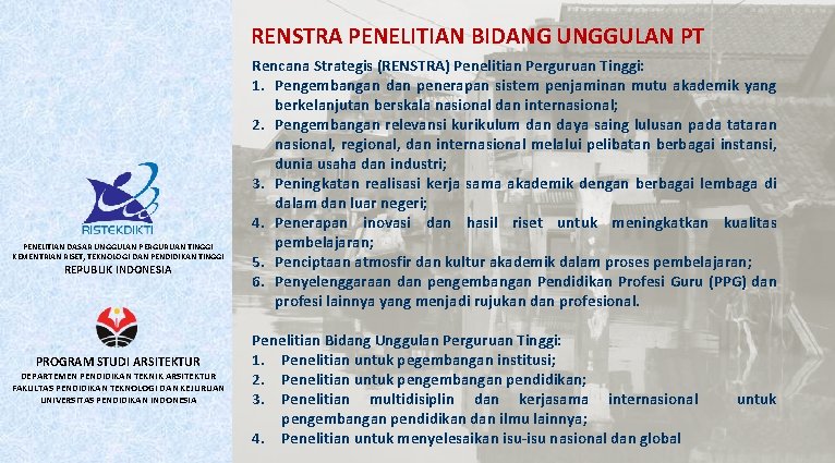 RENSTRA PENELITIAN BIDANG UNGGULAN PT PENELITIAN DASAR UNGGULAN PERGURUAN TINGGI KEMENTRIAN RISET, TEKNOLOGI DAN