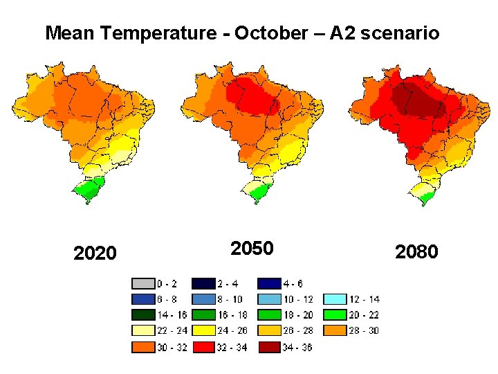 Mean Temperature - October – A 2 scenario 2020 2050 2080 