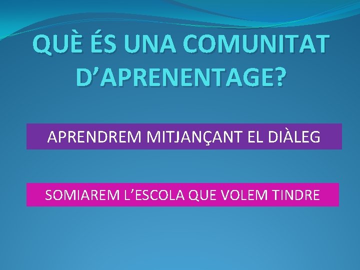 QUÈ ÉS UNA COMUNITAT D’APRENENTAGE? APRENDREM MITJANÇANT EL DIÀLEG SOMIAREM L’ESCOLA QUE VOLEM TINDRE