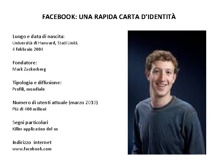 FACEBOOK: UNA RAPIDA CARTA D’IDENTITÀ Luogo e data di nascita: Università di Harward, Stati