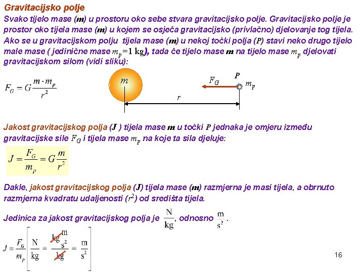 Gravitacijsko polje Svako tijelo mase (m) u prostoru oko sebe stvara gravitacijsko polje. Gravitacijsko