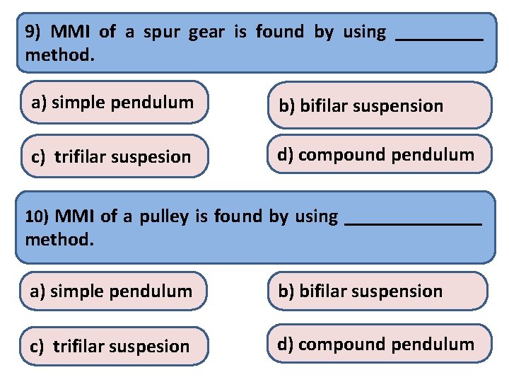 9) MMI of a spur gear is found by using _____ method. a) simple