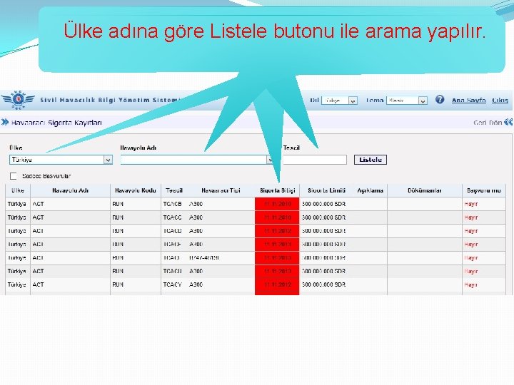 Havayolu adına Listele butonu ile arama yapılır. Kırmızı renk: butonu Süre dolmuş! Ülke Tescile