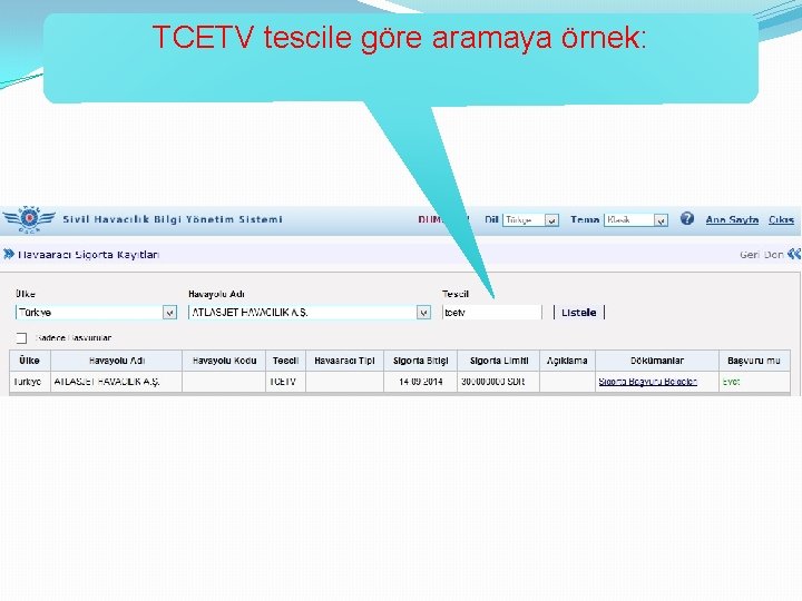 TCETV tescile göre aramaya örnek: 