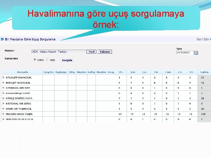 Havalimanına göre uçuş sorgulamaya örnek: 