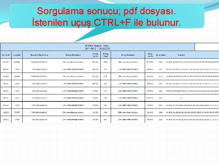 Sorgulama sonucu; pdf dosyası. İstenilen uçuş CTRL+F ile bulunur. 