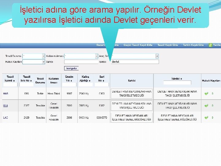 İşletici adına göre arama yapılır. Örneğin Devlet yazılırsa İşletici adında Devlet geçenleri verir. 