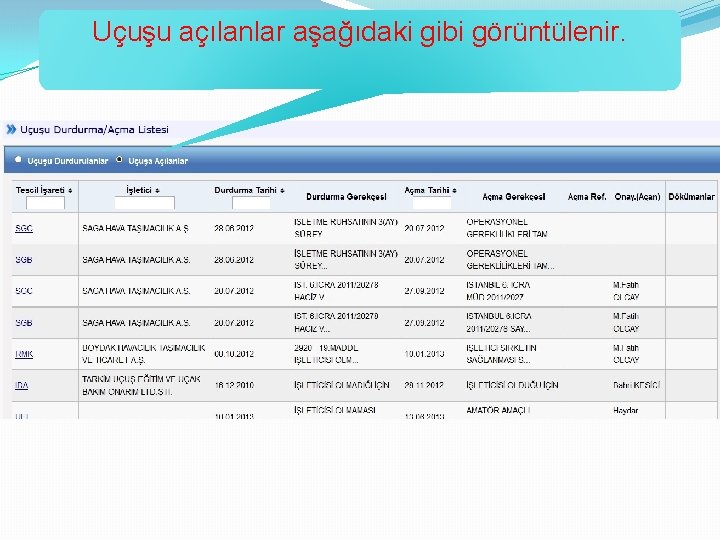 Uçuşu açılanlar aşağıdaki gibi görüntülenir. 