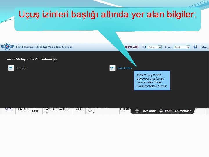 Uçuş izinleri başlığı altında yer alan bilgiler: 