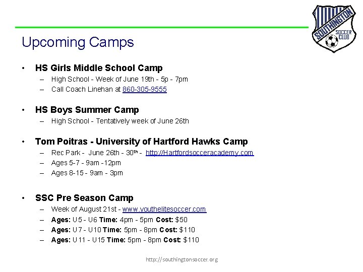 Upcoming Camps • HS Girls Middle School Camp – High School - Week of