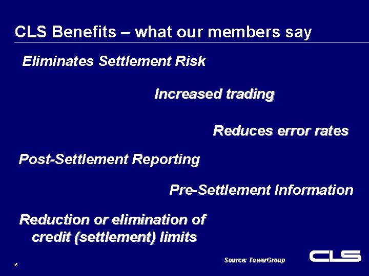 CLS Benefits – what our members say Eliminates Settlement Risk Increased trading Reduces error CLS Benefits – what our members say Eliminates Settlement Risk Increased trading Reduces error