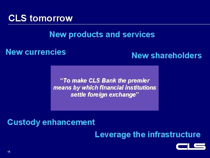 CLS tomorrow New products and services New currencies New shareholders “To make CLS Bank CLS tomorrow New products and services New currencies New shareholders “To make CLS Bank