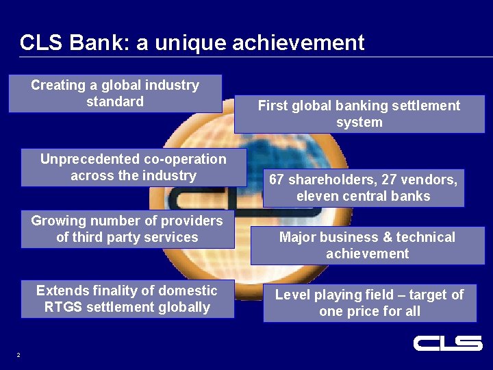 CLS Bank: a unique achievement Creating a global industry standard Unprecedented co-operation across the CLS Bank: a unique achievement Creating a global industry standard Unprecedented co-operation across the