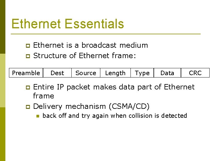 Ethernet Essentials Ethernet is a broadcast medium Structure of Ethernet frame: Preamble Dest Source