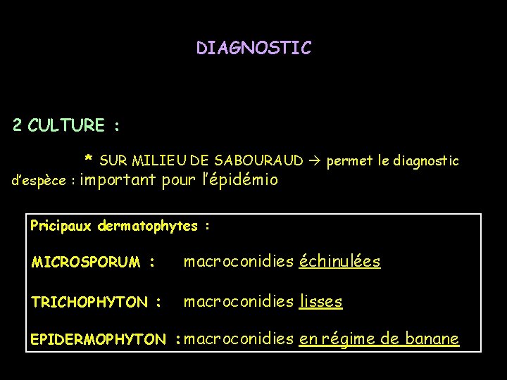 DIAGNOSTIC 2 CULTURE : d’espèce : * SUR MILIEU DE SABOURAUD permet le diagnostic