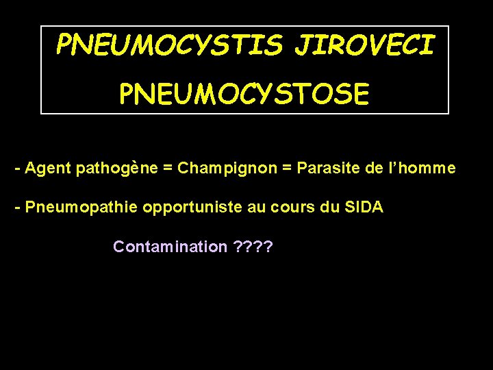 PNEUMOCYSTIS JIROVECI PNEUMOCYSTOSE - Agent pathogène = Champignon = Parasite de l’homme - Pneumopathie