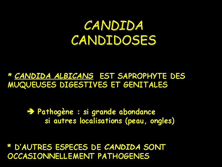 CANDIDA CANDIDOSES * CANDIDA ALBICANS EST SAPROPHYTE DES MUQUEUSES DIGESTIVES ET GENITALES Pathogène :