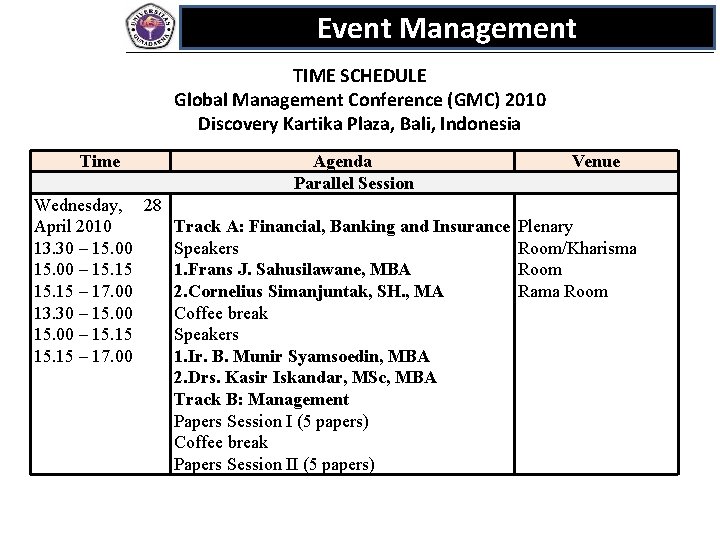 Event Management TIME SCHEDULE Global Management Conference (GMC) 2010 Discovery Kartika Plaza, Bali, Indonesia