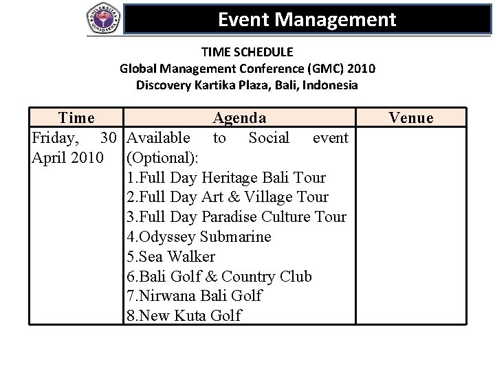 Event Management TIME SCHEDULE Global Management Conference (GMC) 2010 Discovery Kartika Plaza, Bali, Indonesia