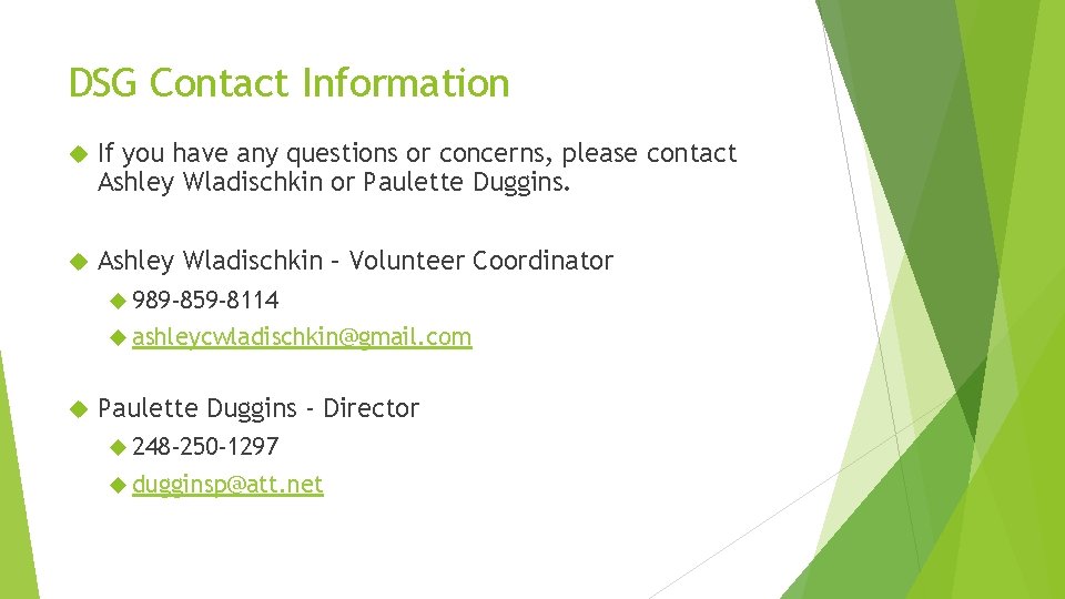 DSG Contact Information If you have any questions or concerns, please contact Ashley Wladischkin